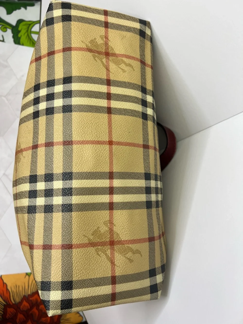 Vintage Burberry Beige Plaid Tote with Burgundy Leather Trim - Picture 4 of 7